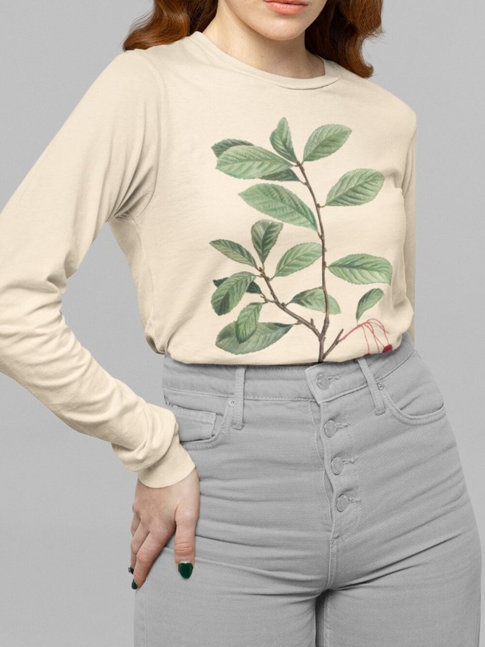 Cockspur Hawthorn Vintage Botanical Print Long Sleeve Graphic Tee T-shirt S-XXL